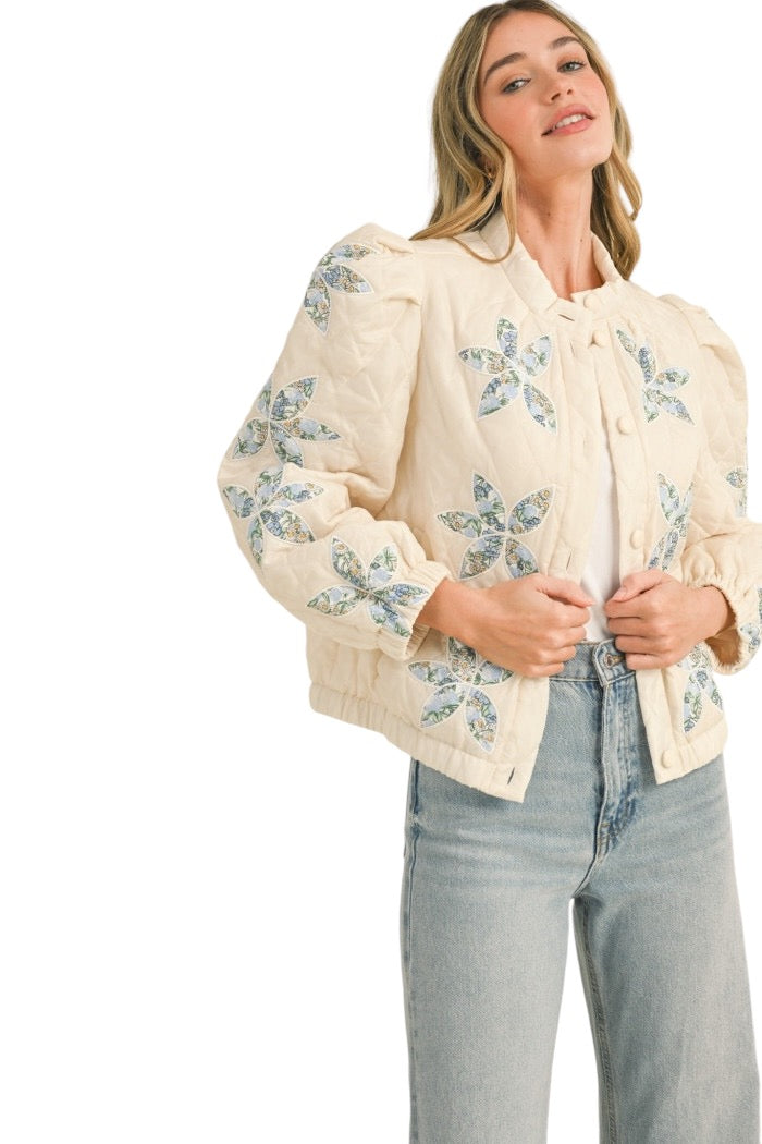 Ladies Vanilla Cream Floral Quilted Jacket