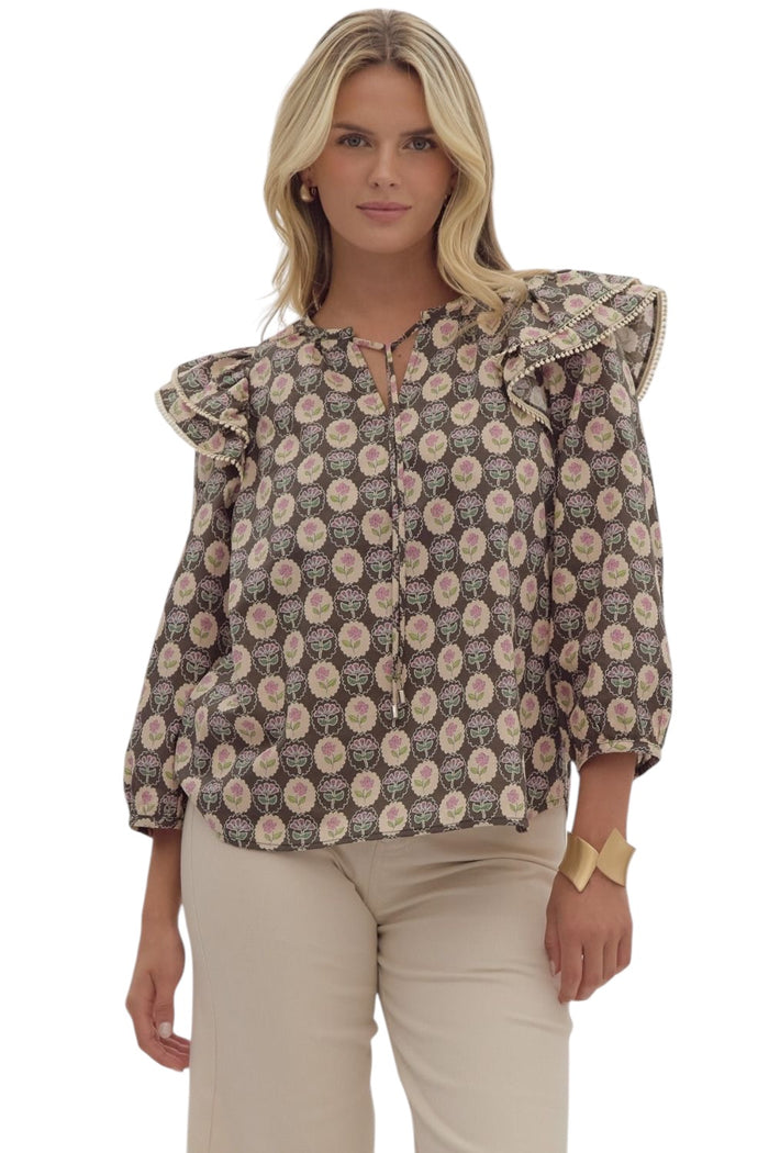 Ladies Brown Ruffle Blouse