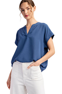 Ladies Slate Blue Notched Neck Blouse