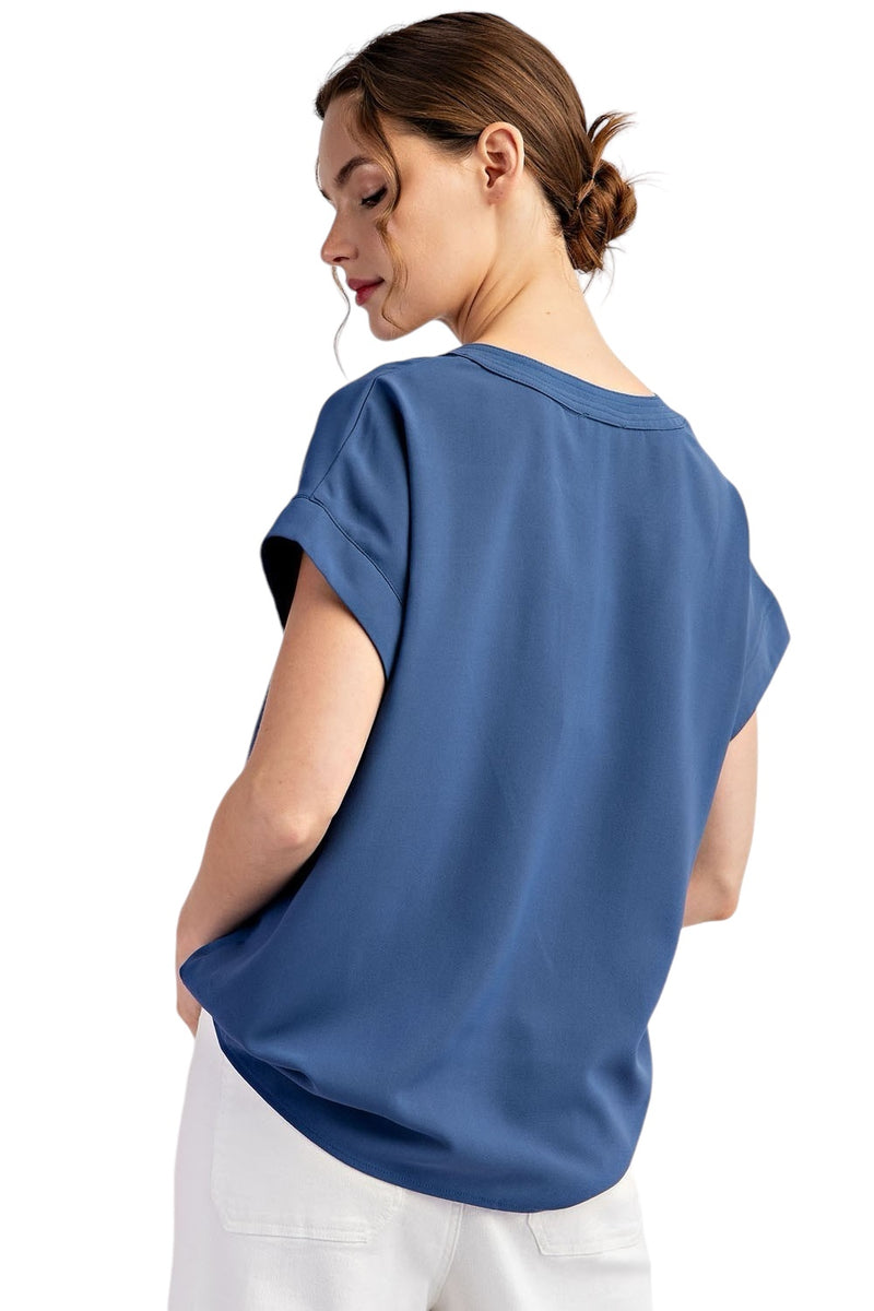 Ladies Slate Blue Notched Neck Blouse