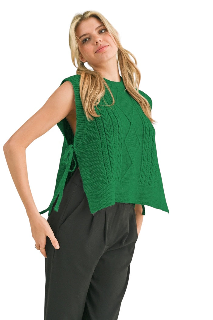 Ladies Pine Green Cable Knit Side Tie Sweater