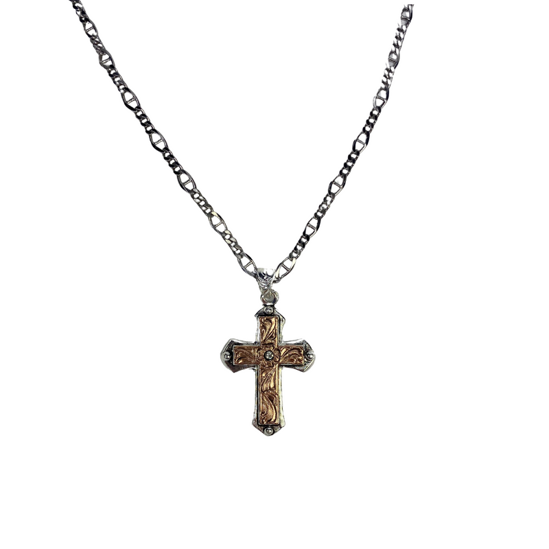 Silver & Copper Cross w/ Engrave Necklace